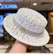 Vintage hollow woven boater straw hat with leather belt in white