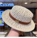 Vintage hollow woven boater straw hat with leather belt in beige