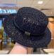 Vintage hollow woven boater straw hat with leather belt in black